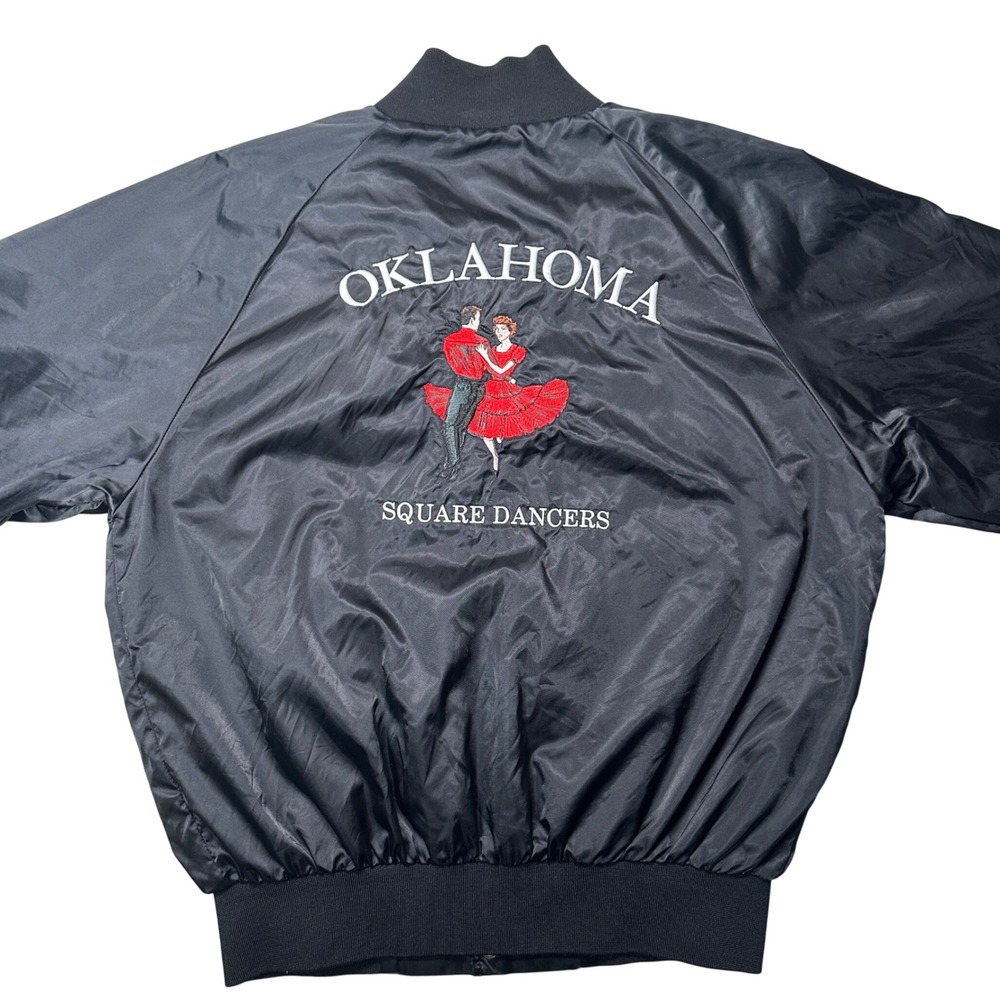 Vintage Oklahoma Square Dancers Satin Bomber Jacket Black Western 80s‎ 90s Retro